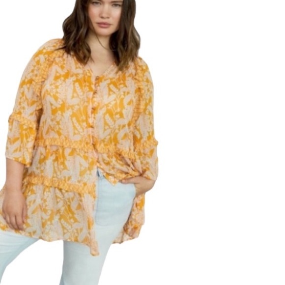 Anthropologie Mia Tiered 3/4 Sleeve Button Front Yellow Floral Ruffled Tunic Top - Picture 3 of 9